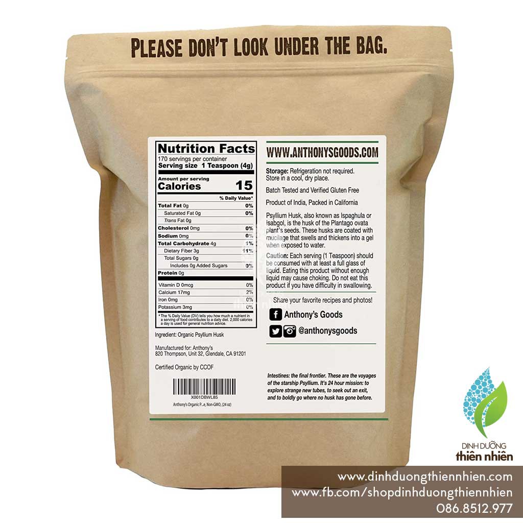 Bột Vỏ Hạt Mã Đề Organic Psyllium Husk Powder, 100g