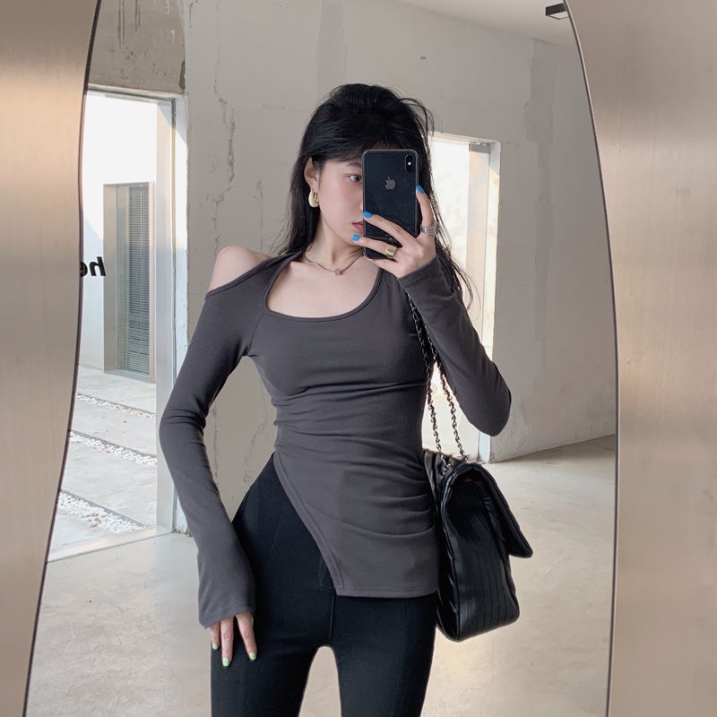 Áo thun COZOK tay dài trễ vai thiết kế lệch một bên quyến rũ hợp thời trang