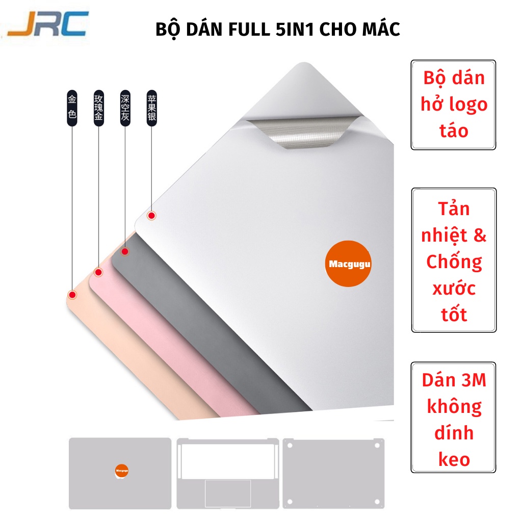 Bộ dán chính hãng JRC 5in1 cho New Macbook Pro, Macbook air, Macbook M1-DÁN TỪ TÍNH KHÔNG DÍNH KEO-TẢN NHIỆT TỐT