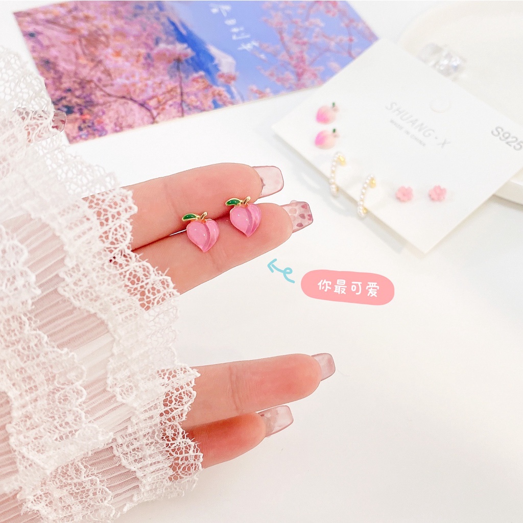 Set Bông tai,hoa tai, khuyên tai hình đào và hoa dễ thương phong cách Hàn Quốc