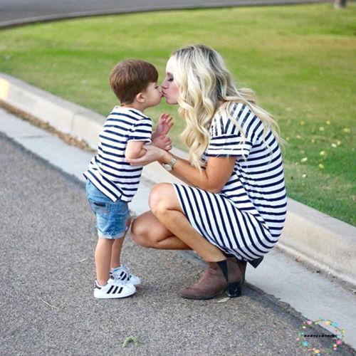 ღWSVღFamily Matching Outfits Mother&amp;Daughter Clothes Dress Baby Girl Striped Skirt