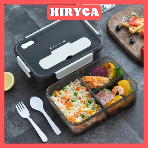Hộp cơm 3 ngăn, hộp đựng cơm văn phòng đựng đồ ăn giữ nhiệt có sẵn thìa nĩa nhựa HI.RYCA HDCN01