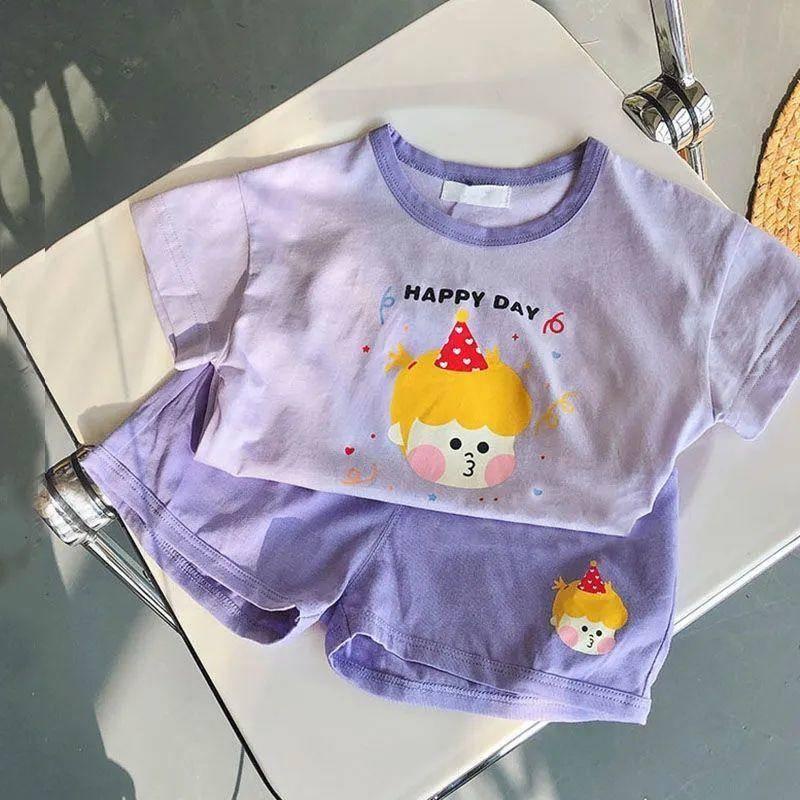 Bộ đồ 2 món gồm áo thun cotton ngắn tay + quần short mùa hè phong cách phương Tây hoạ tiết phim hoạt hình cho bé