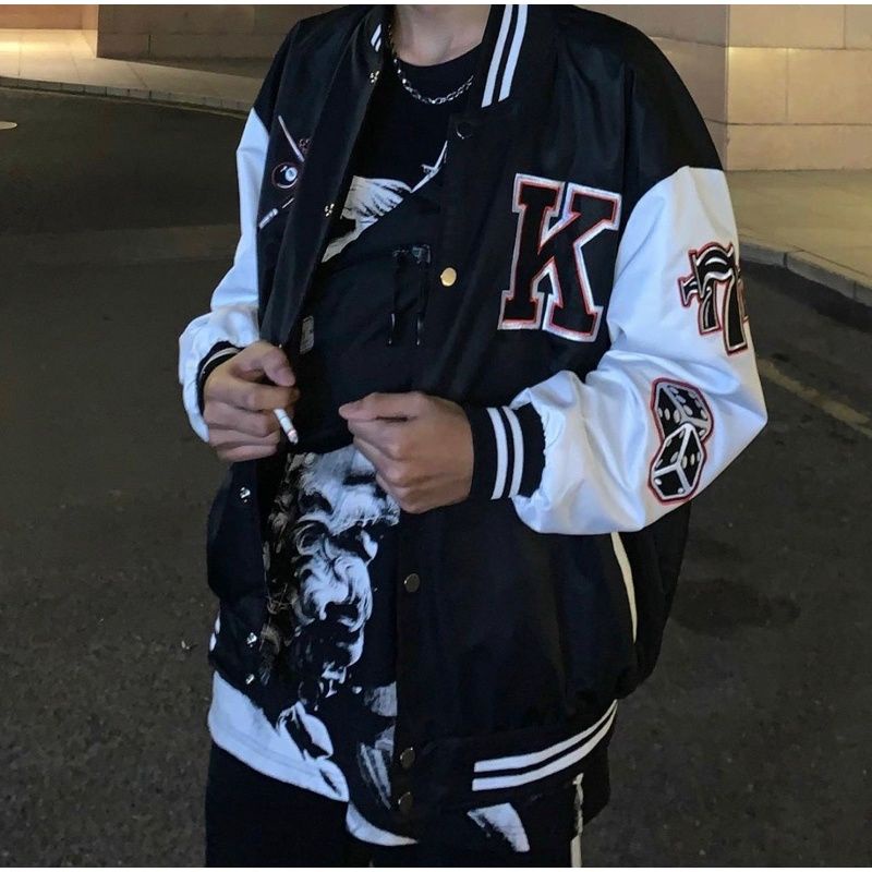 Áo khoác bomber nam bóng chày chữ K phối màu đen trắng đẹp dễ mặc, Áo khoác dù 2 lớp bomber unisex  - K078