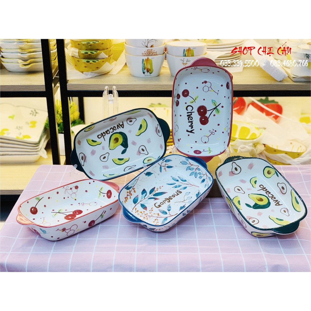 🤡KHAY SỨ NƯỚNG | KHAY SỨ CÓ TAY CẦM | THỐ SỨ | KHAY SỨ NƯỚNG HOA VĂN VẼ TAY [ShopChịCám]🤡