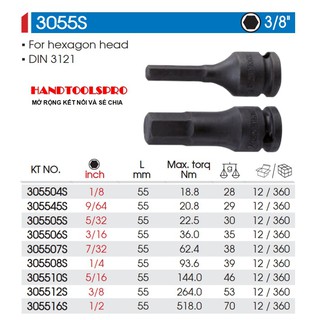 Đầu tuýp mũi lục giác dùng hơi 3/8 hệ inch size 3/16" ==> 1/2" kingtony 3055s