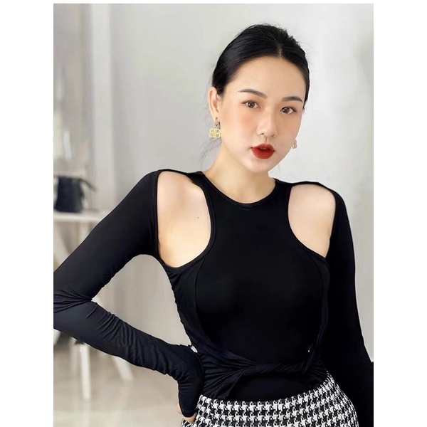 Bodysuit cut out xoăn bụng tay dài thun dẻo