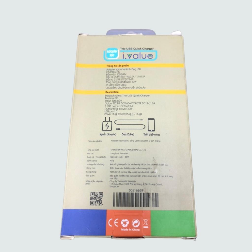 Củ sạc nhanh Quick Charge 3.0 18W, Cốc sạc, Adapter Sạc nhanh 3 cổng I.value, Hàng New chính hãng