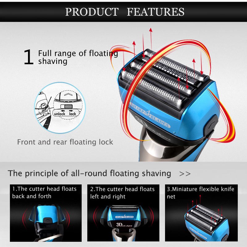 Máy Cạo Râu Điện Kemei Thiết Kế Nổi 3D 4 Lưỡi Dao Chuyển Động Qua Lại Sạc Được Chống Thấm Nước Màn Hình LCD