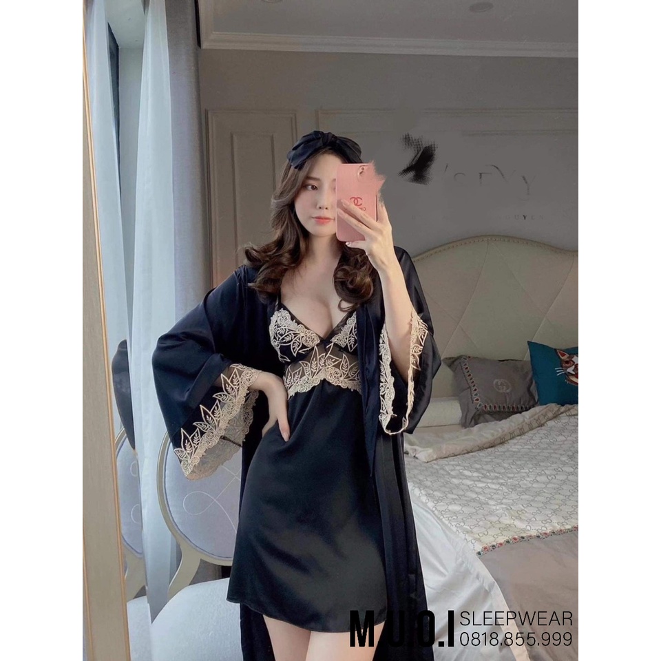 SX92-Set váy ngủ lụa kèm choàng phối ren hot MIEMMOC QUẢNG CHÂU cao cấp- Sẵn( video+ảnh thật)
