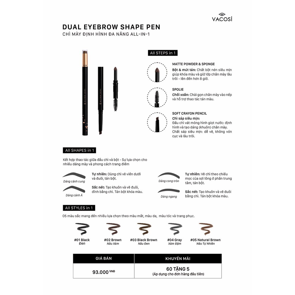 Chì Kẻ Mày Định Hình Đa Năng Vacosi Dual Eyebrow Shape Pen