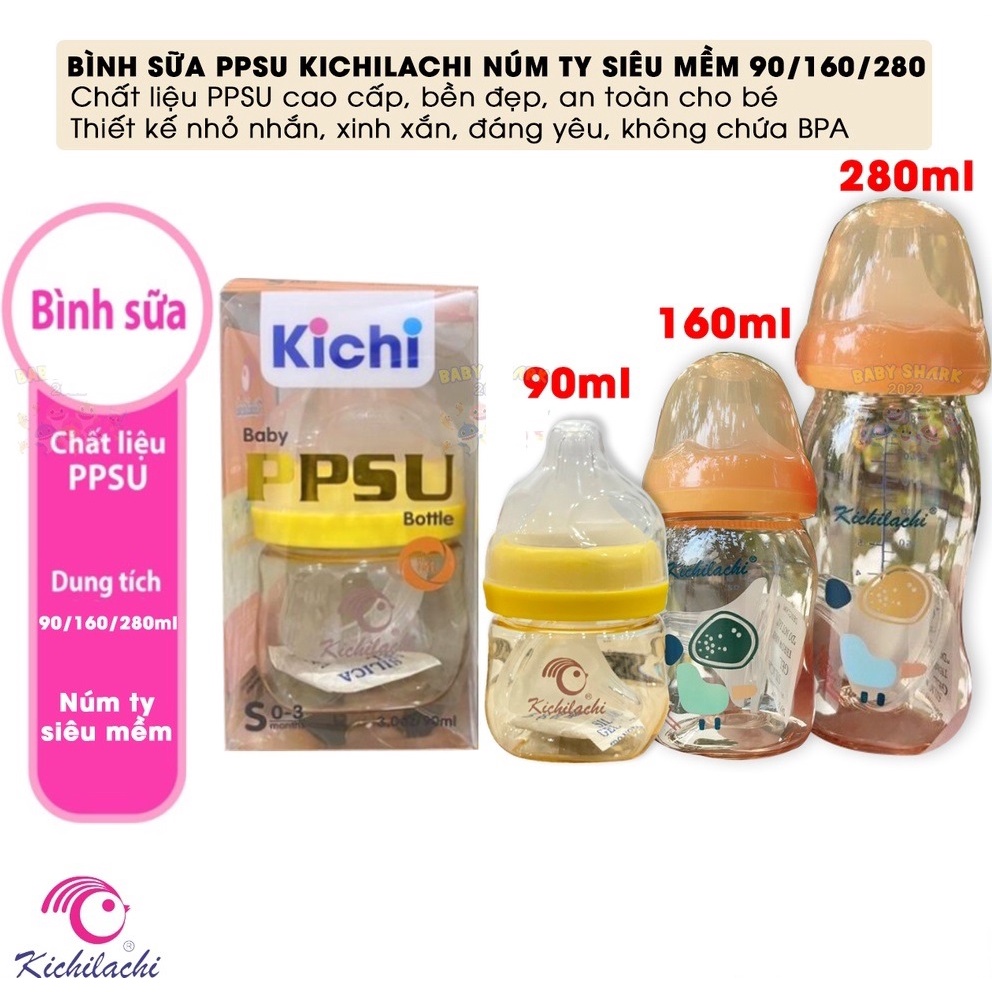 Bình sữa nhựa cao cấp PPSU cổ rộng Kichilachi Kichi - 90ml / 160ml / 280m