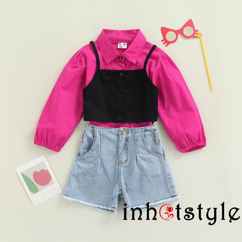 Bộ áo sơ mi hai dây + quần short lưng cao phối nút thời trang cho bé gái