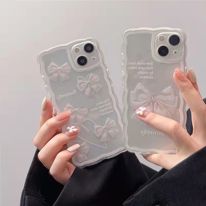 Ốp Điện Thoại Trong Suốt In Hình Nơ Và Cạnh Trắng Cho IPhone 12 13 11 Pro Max X Xs Max Xr 7 8 Plus