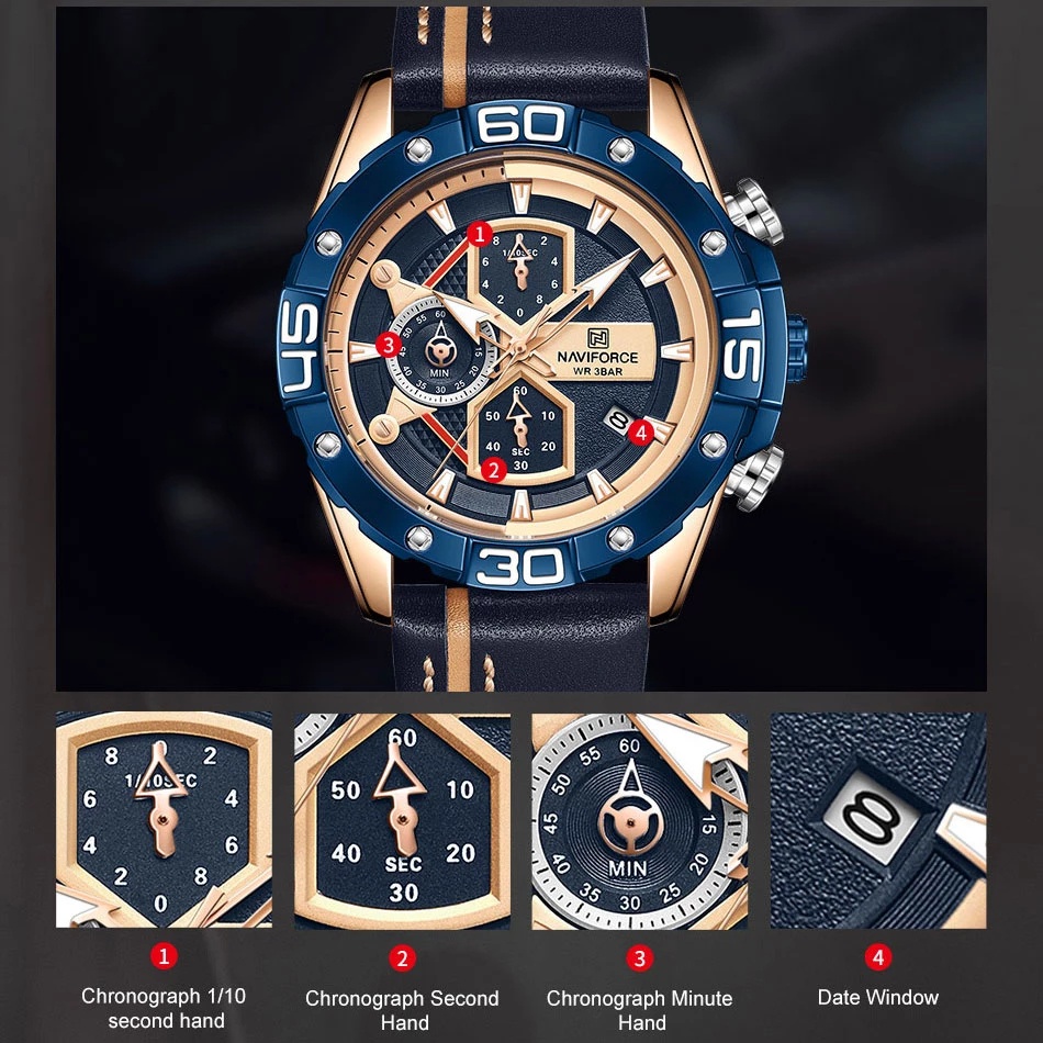 Đồng Hồ Nam NAVIFORCE Mặt Thạch Anh Dây Da Chống Thấm Nước Thời Trang