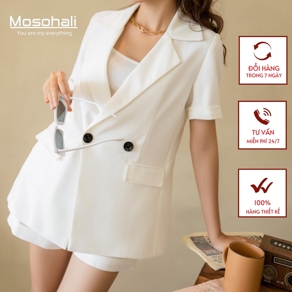Set vest nữ trắng Mosohali set blazer nữ thiết kế áo vest + quần short trắng thời trang công sở