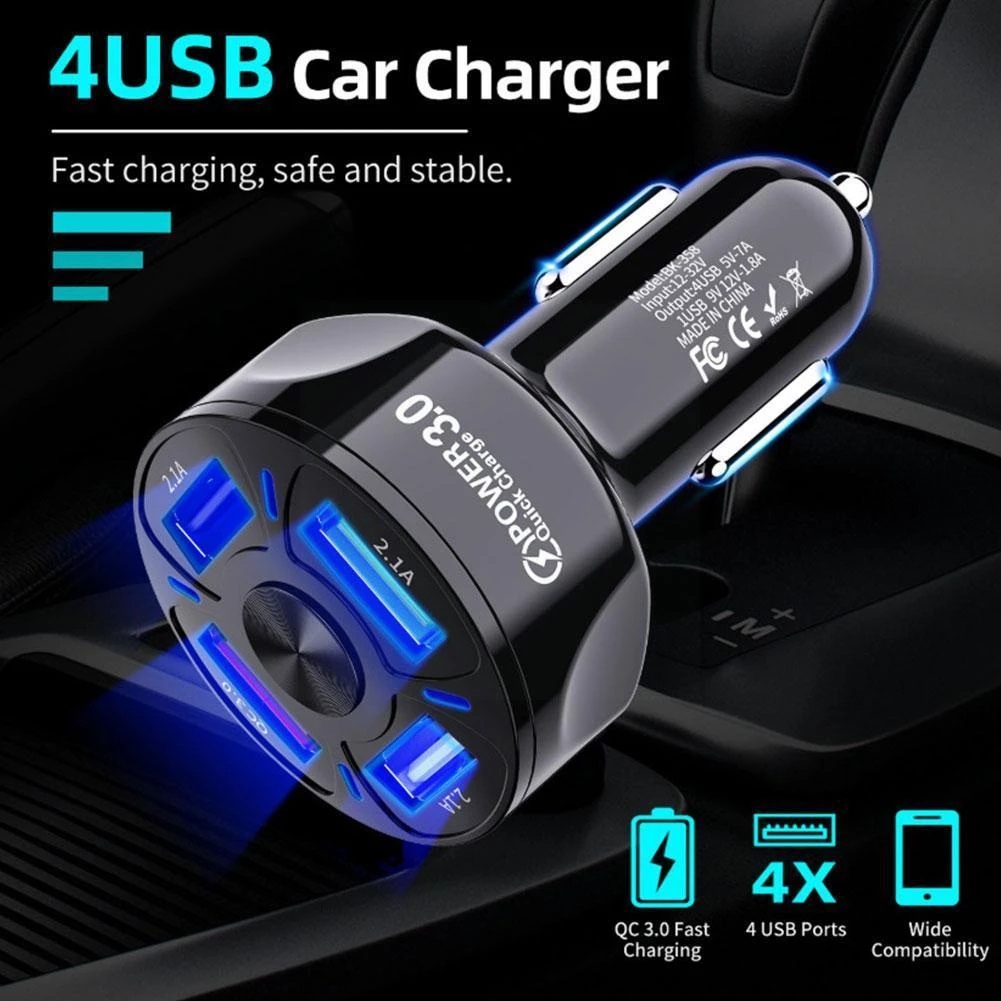 Sạc Nhanh 3.0 LED 4 CổNg USB Cho Xe Hơi