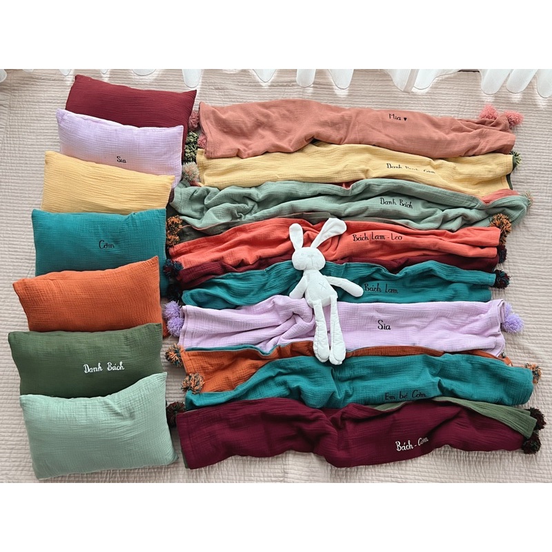 Bộ CHĂN GỐI Xô Muslin 4 lớp miễn phí thêu tên Tre Baby