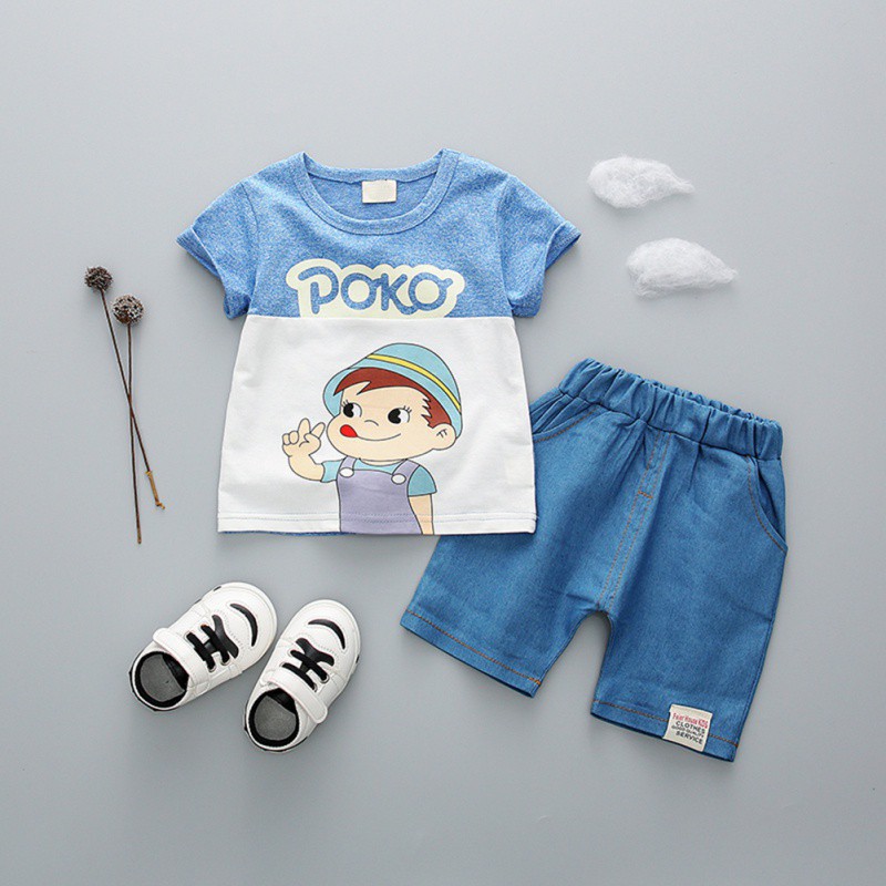 Bộ áo thun cộc tay in hình + quần short cho bé