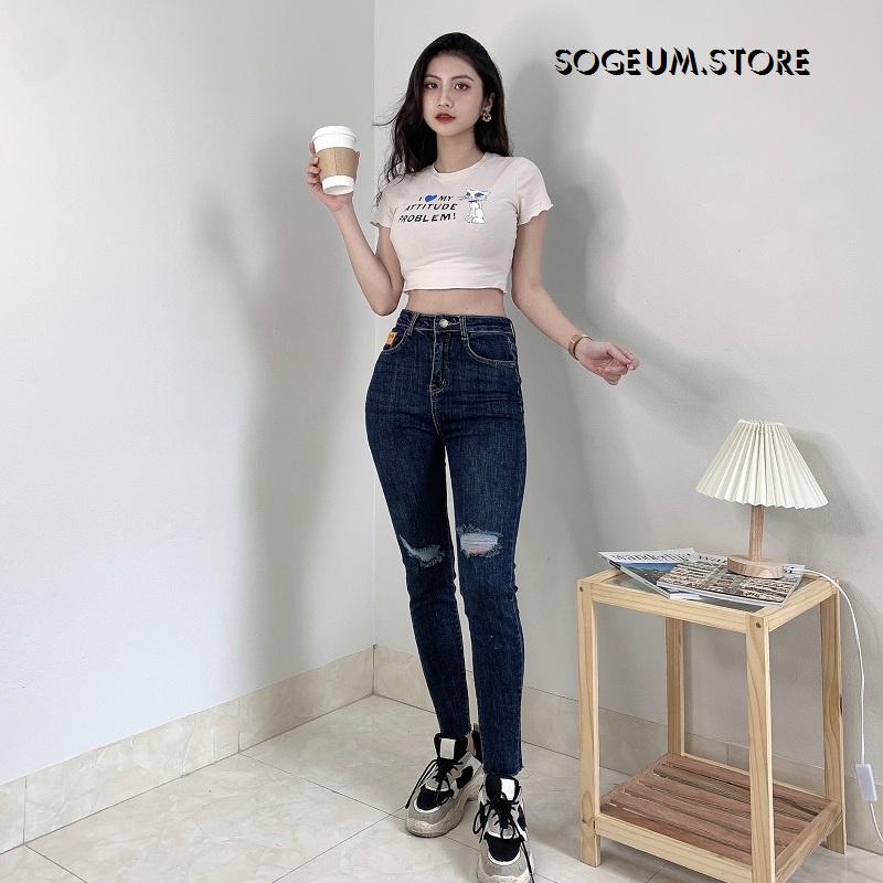 Quần skinny Jean rách gối cá tính co giãn, Quần bò nữ cạp cao tua gấu 693 sogeum.store
