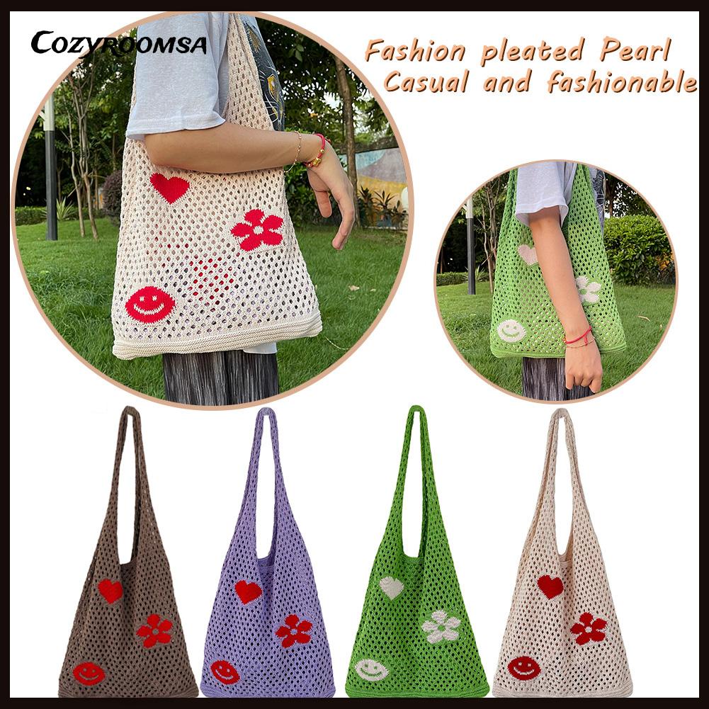 Túi Đeo Vai Đan Len Thủ Công Cỡ Lớn Phối Lưới Hoa Xinh Xắn