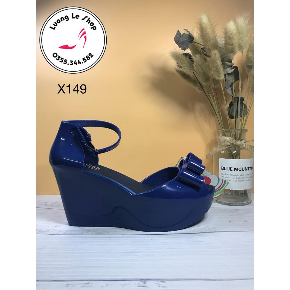 Sandal đế xuồng nơ hở mũi chất nhựa dẻo 8cm 4 màu đen hồng xanh ngọc xanh navy ms X149