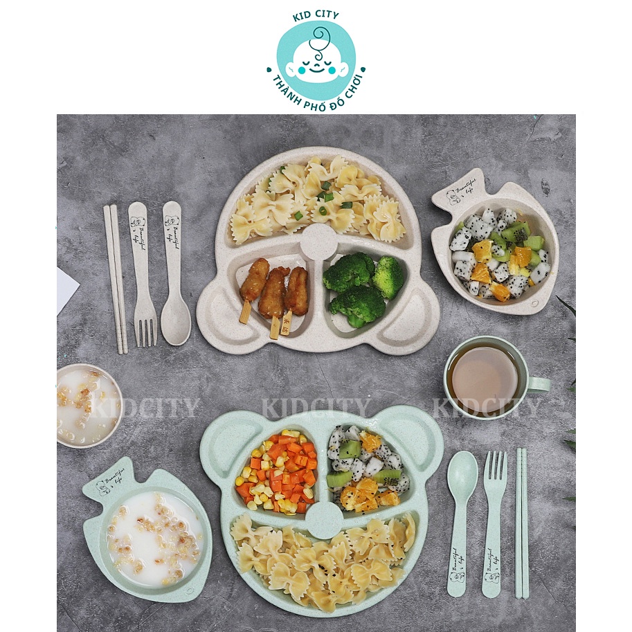 Set Khay Ăn Dặm Lúa Mạch Kiểu Nhật, Khay Ăn Dặm Cho Bé Chất Lượng Hình Gấu Đáng Yêu