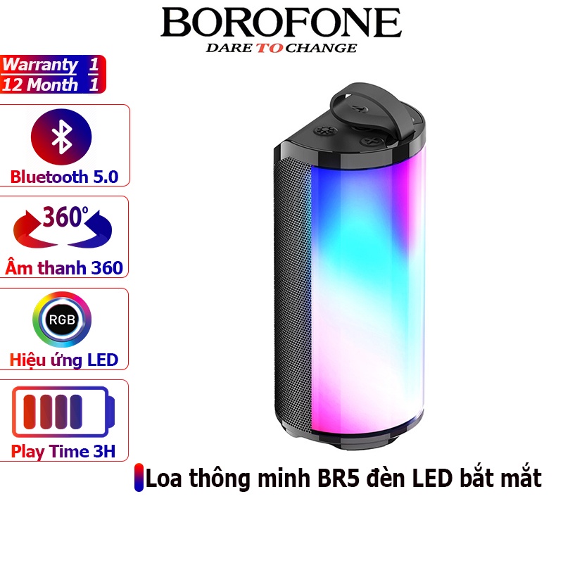 Loa di động không dây BOROFONE BR5 có đèn LED rực rỡ, âm thanh sống động, hỗ trợ bluetooth 5.0 - Chính hãng