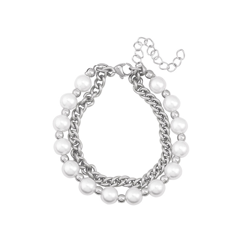 Vòng Tay Hai Lớp Bằng Thép Titanium Đính Hạt Ngọc Trai Phong Cách Hip hop Đơn Giản