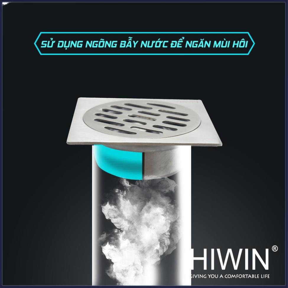 Phễu ga thoát sàn ngăn mùi hôi inox 304 mặt xước mờ kích thước 120x120mm HIWIN FD-6322