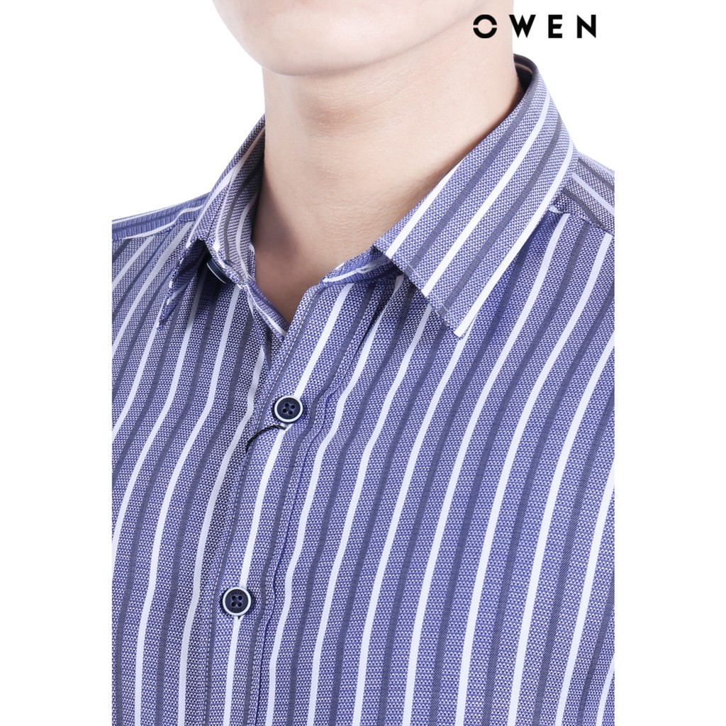 Áo sơ mi dài tay OWEN Bamboo Slimfit không túi màu xanh sọc - AS22248D