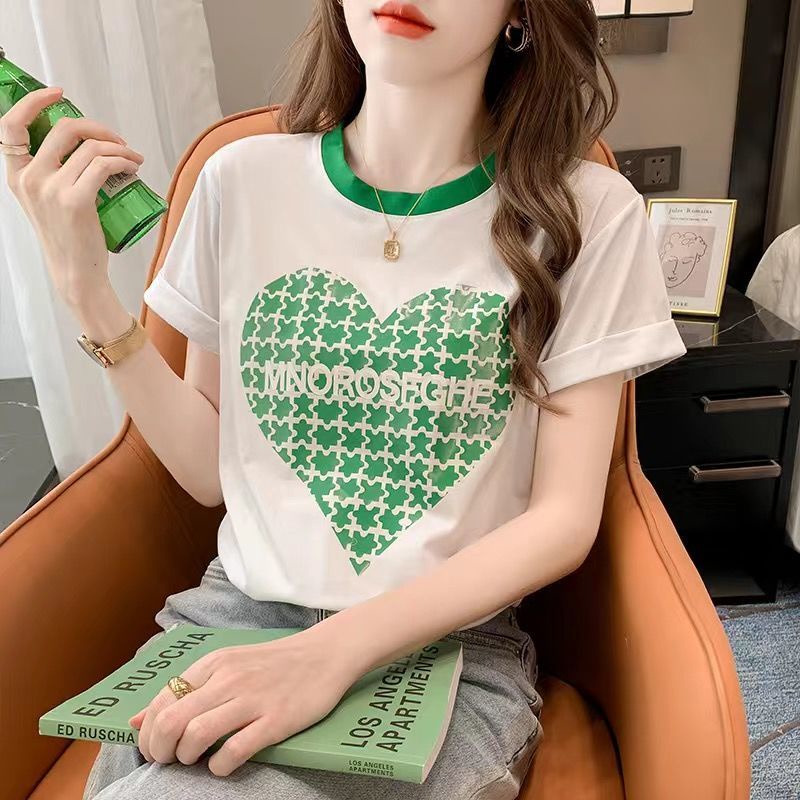 Áo Thun Cotton Cổ Tròn Tay Ngắn In Hình Trái Tim Phối Màu Thời Trang Mùa Hè Hàn Quốc Mới 2022 Dành Cho Bạn Nữ