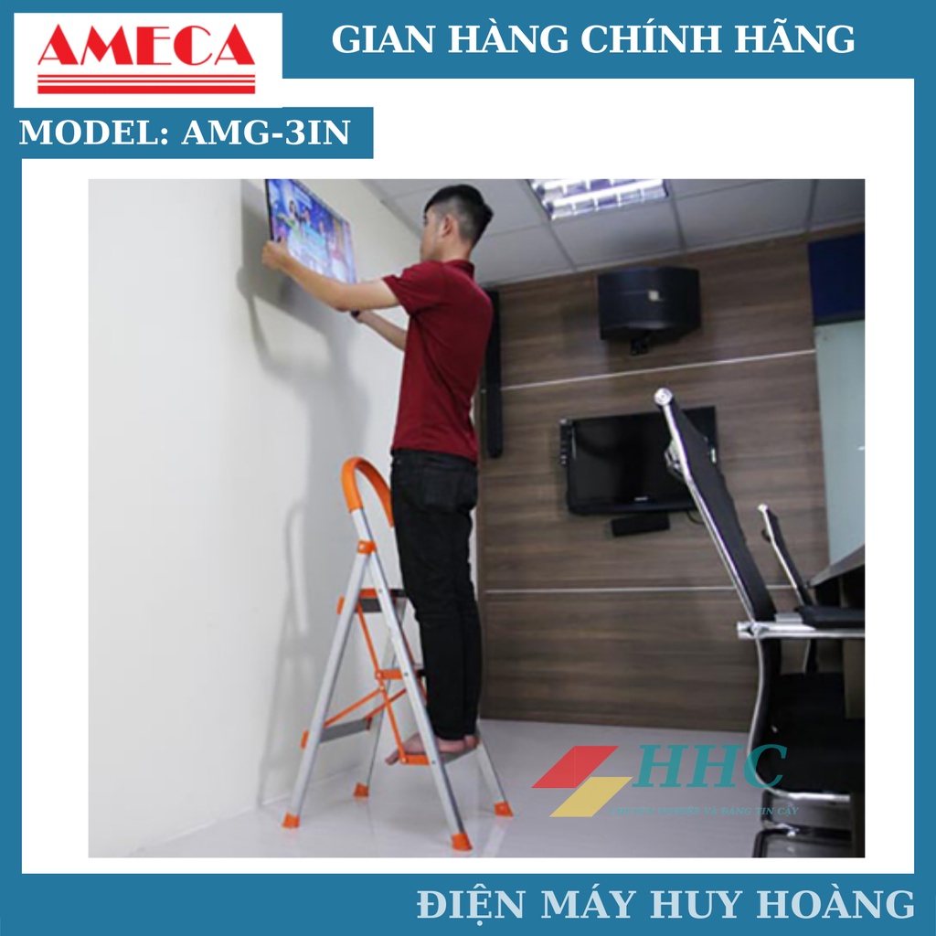 Thang nhôm xếp, thang ghế inox tay vịn 3 bậc Ameca AMG-3IN