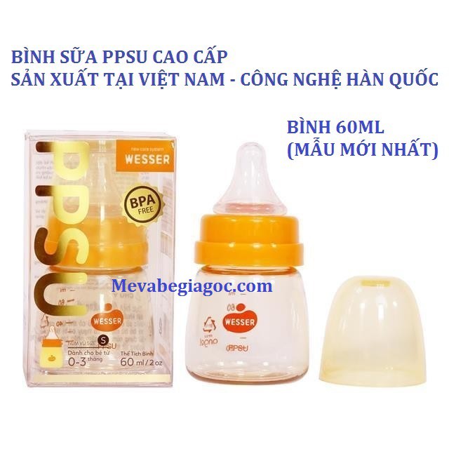 (MẪU MỚI) Bình Sữa Cổ Hẹp Cao Cấp PPSU 60ML - WESSER (Made in Vietnam) (Công nghệ Hàn Quốc)