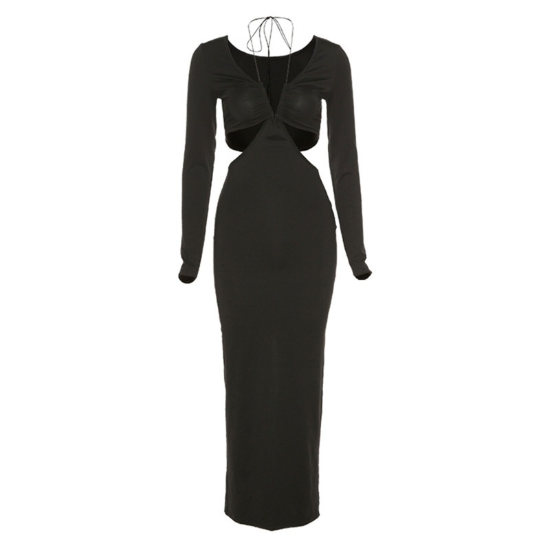 Đầm Maxi Tay Dài Cổ Chữ V Xẻ Tà Lưng Cao Màu Đen Trơn Thời Trang Mùa Thu Quyến Rũ Cho Nữ