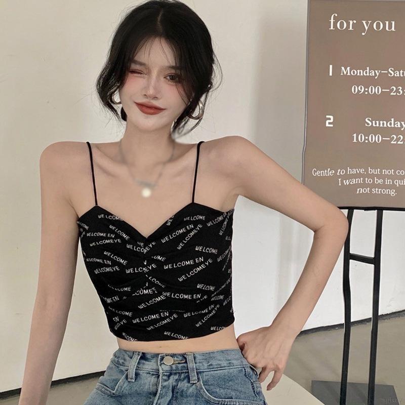 Áo croptop nữ hai dây cổ V họa tiết chữ đơn giản thời trang mùa hè Hàn Quốc