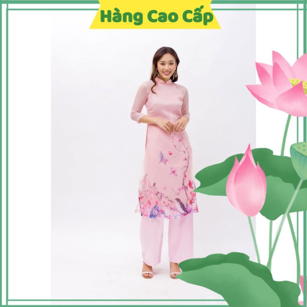 Áo Dài Nữ 4 Tà, Áo Dài Cách Tân Màu Hồng Họa Tiết Hoa Chất Voan Tơ Lót Lụa Cao Cấp,Hàng Thiết Kế Form Dáng Chuẩn.