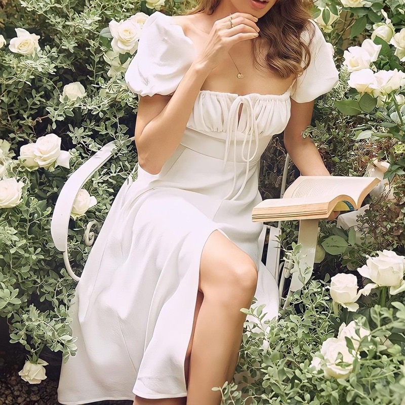 Đầm maxi xanh nhún ngực rớt vai dây yếm cổ xẻ đùi cut-out lưng  - Mã 218