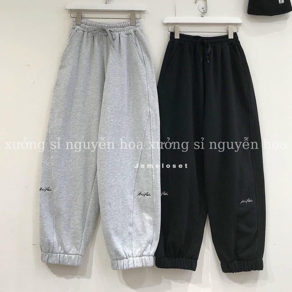 Quần jogger nữ bom bo gấu dài chất nỉ dày dặn mặc mùa thu đông thêu chữ form rộng unisex kiểu màu xám đen