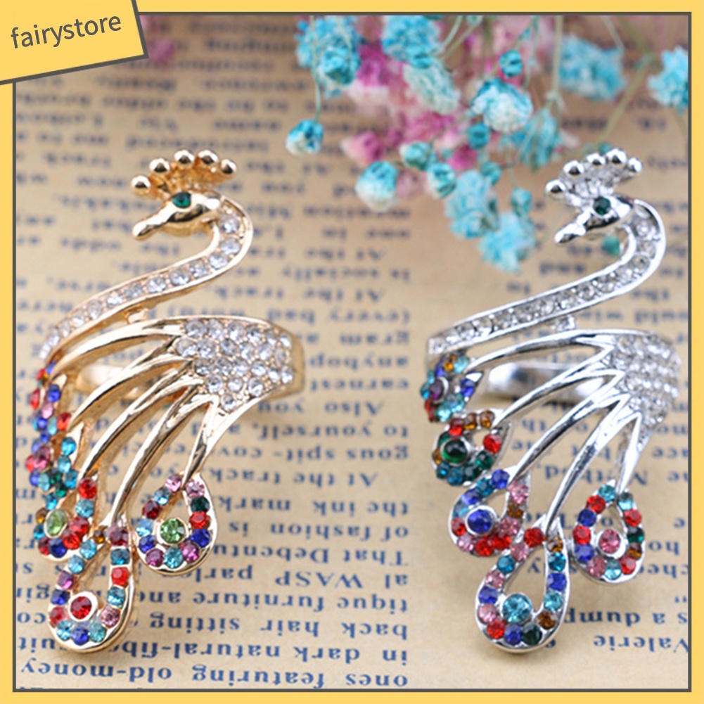 Nhẫn mạ vàng hình chim công đính đá phong cách retro thời trang