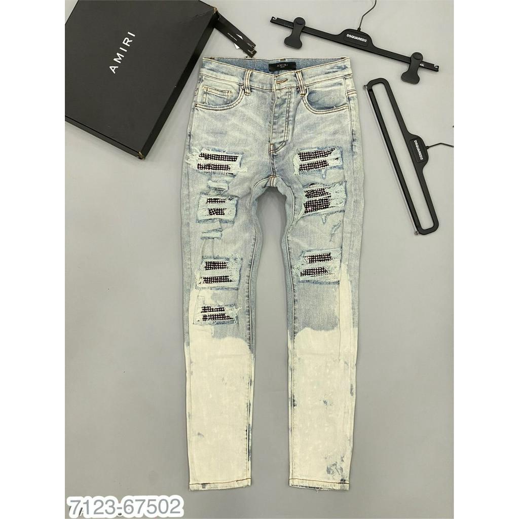 Quần Jean Likeauth Nam Xanh Rách Đính Đá Ống Quần Sơn Trắng Siêu Đẹp - Quần Jean Likeauth Dành Cho Nam