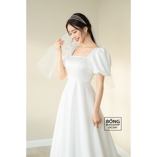Váy cưới lụa 2 da tay bí cổ vuông DC591