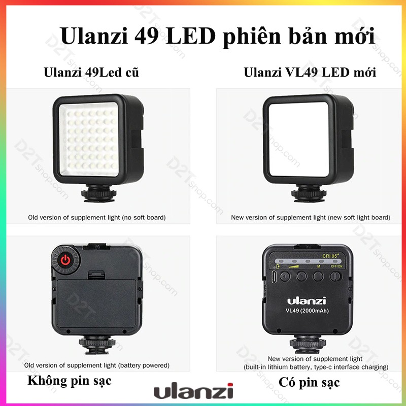 Đèn LED Ulanzi VL49 LED phiên bản mới, có pin sạc trợ sáng quay phim cho điện thoại, máy ảnh