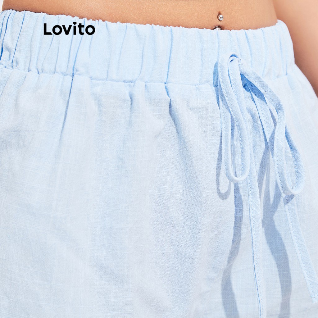 Quần short Lovito xếp nếp phối dây rút màu trơn phong cách vintage L16D038 (màu xanh da trời)