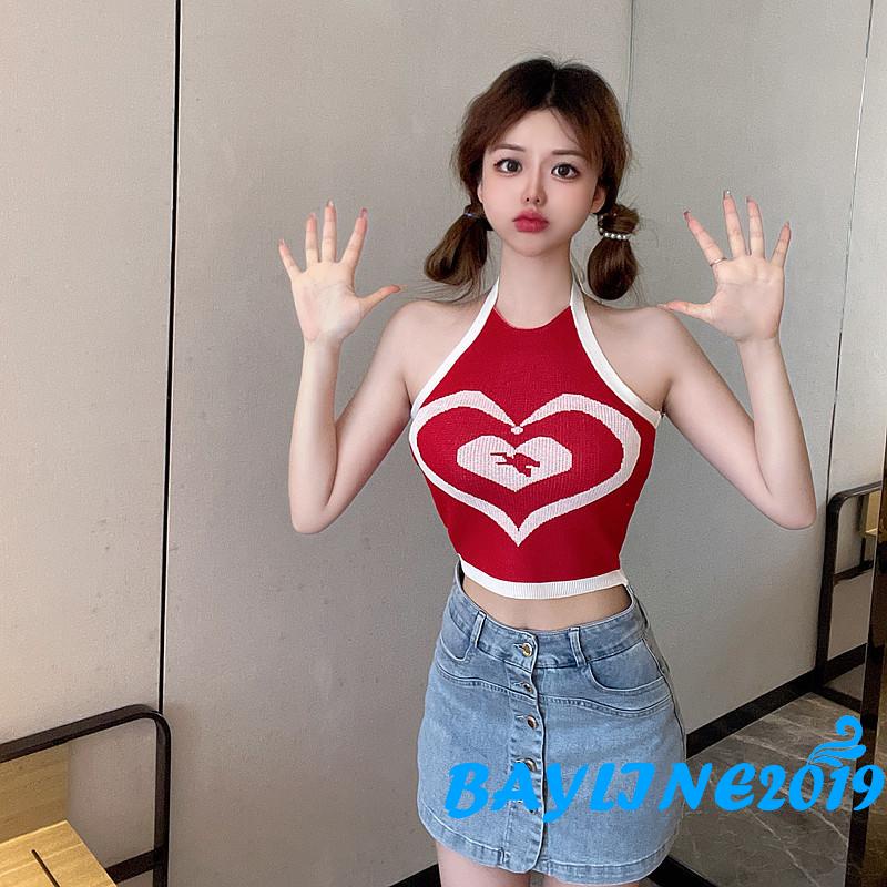 Áo Lửng Không Tay Họa Tiết Trái Tim Hở Lưng Thời Trang Mùa Hè Dành Cho Nữ