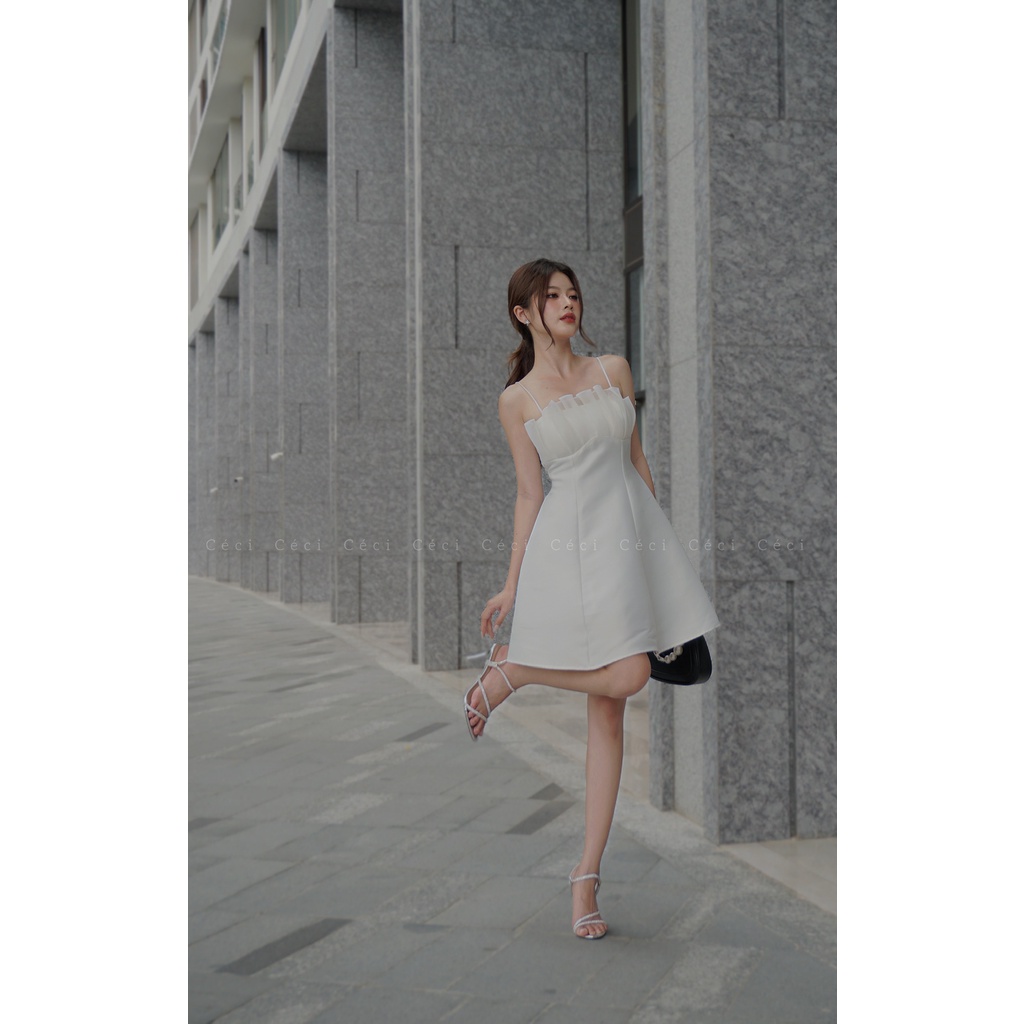 Size SML - Đầm hai dây dáng xòe phối organza bèo ngực, Céci Store.