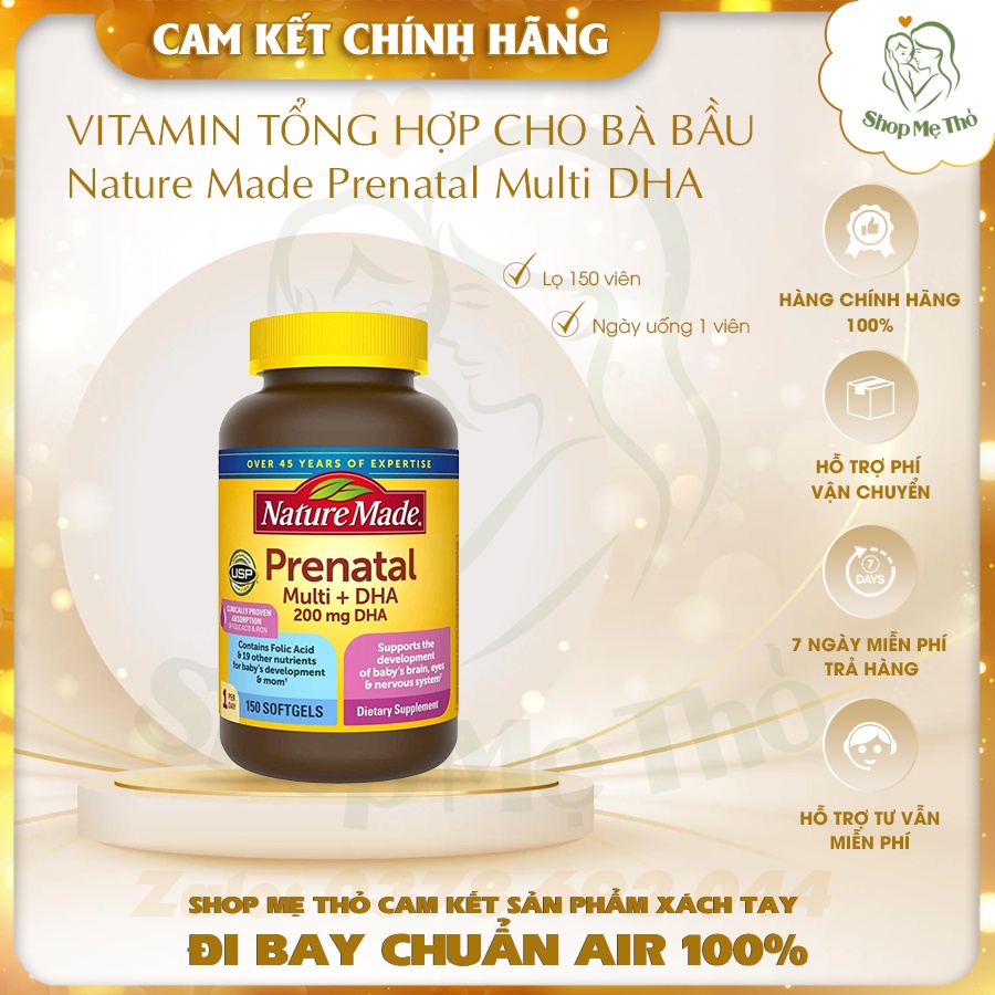 Viên Vitamin tổng hợp cho bà bầu Mỹ, Nature Made Prenatal Multi DHA 150 viên, Bổ bầu Prenatal số 1 Mỹ