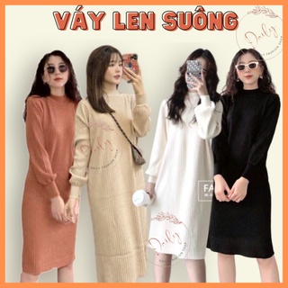 Váy Len Dài Tay Nữ Dáng Suông Tay Bồng Chất Len Gân Mềm Mịn Dày Dặn