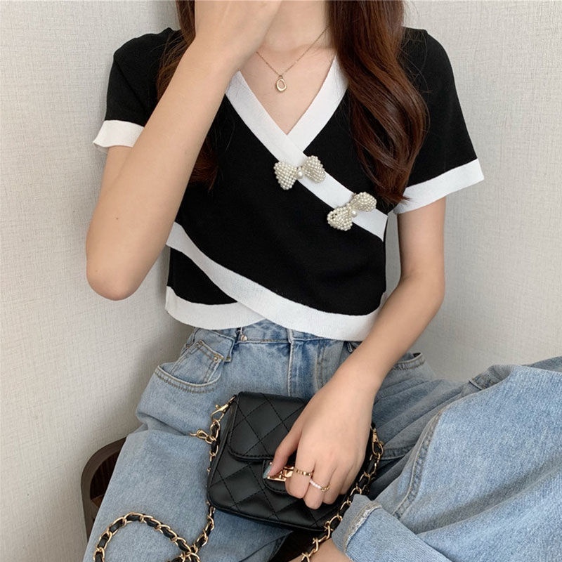 Áo Thun Dệt Kim Ngắn Tay Cổ Chữ V Màu Sắc Tương Phản Thời Trang Mùa Hè Hàn Quốc Cho Nữ