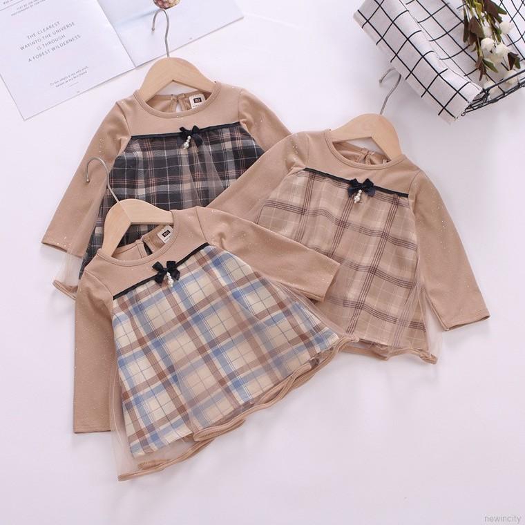 Váy thời trang tay dài họa tiết sọc ca rô đáng yêu cho bé gái